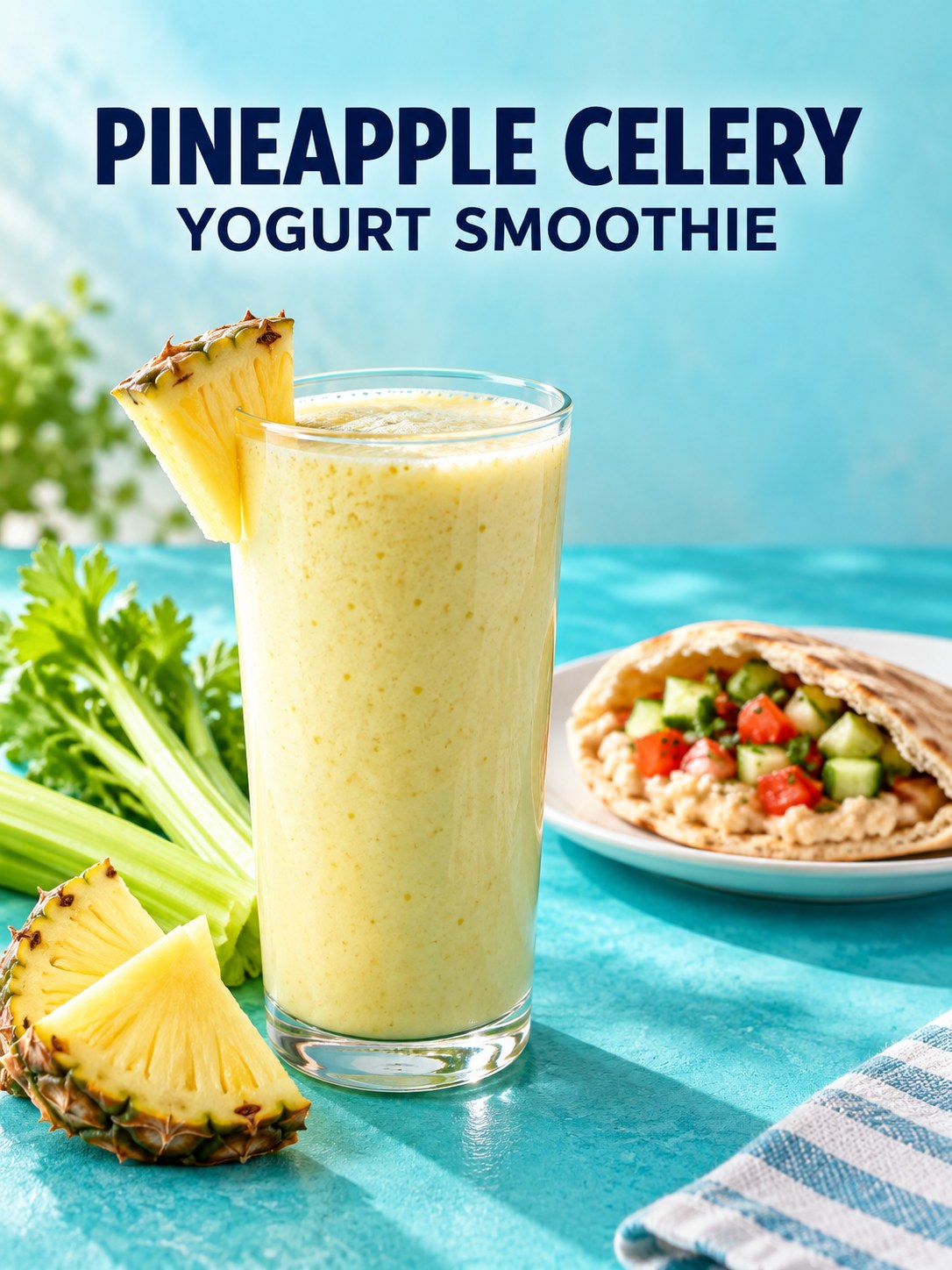 Pale yellow pineapple celery smoothie beside pineapple wedges and celery with a separate bean-filled pita on a turquoise table.