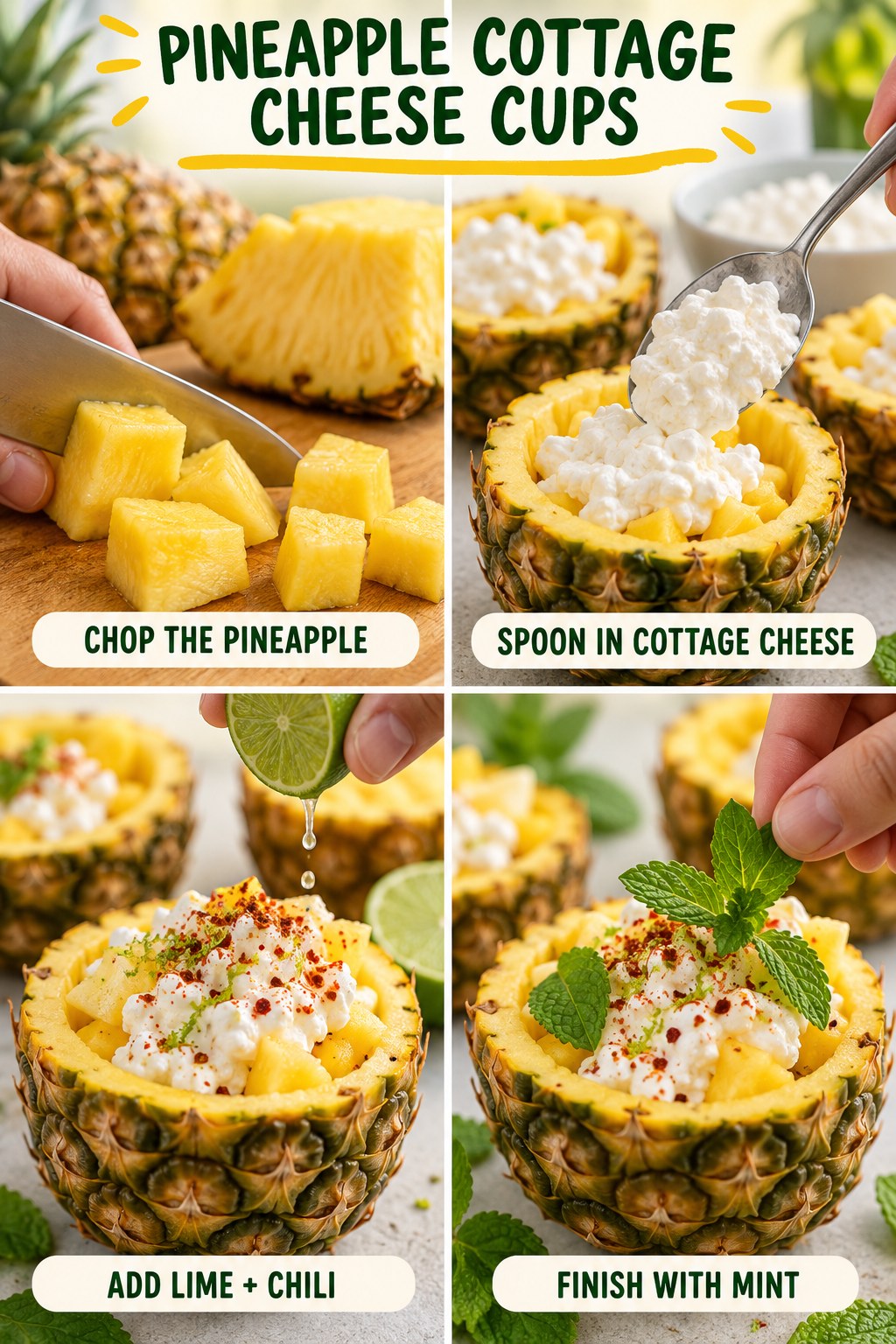 Pineapple cottage cheese cup infographic showing chopped pineapple, cottage cheese, lime, mild chili, and mint.