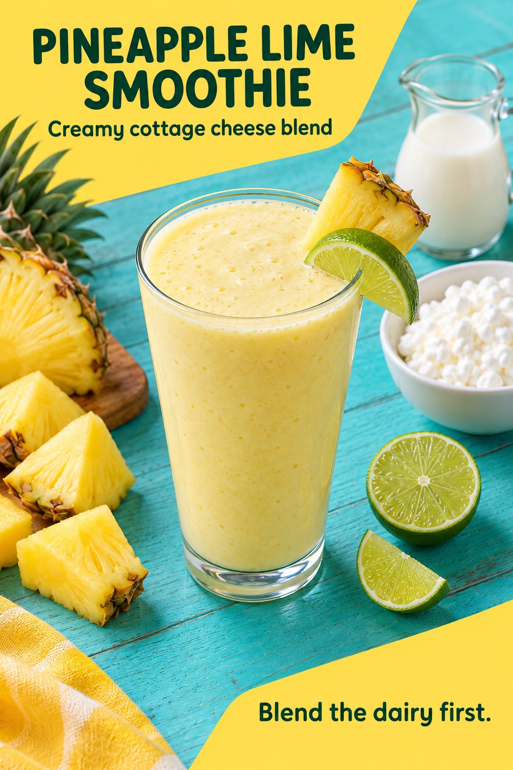 Pale yellow pineapple smoothie in a clear glass with pineapple chunks, lime, and cottage cheese beside an easy smoothie headline.