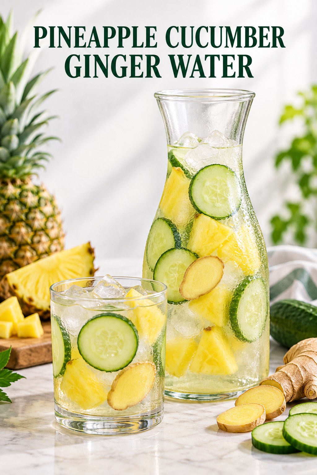 Clear carafe and glass of infused water with pineapple pieces, cucumber rounds, ginger slices, mint, and ice.