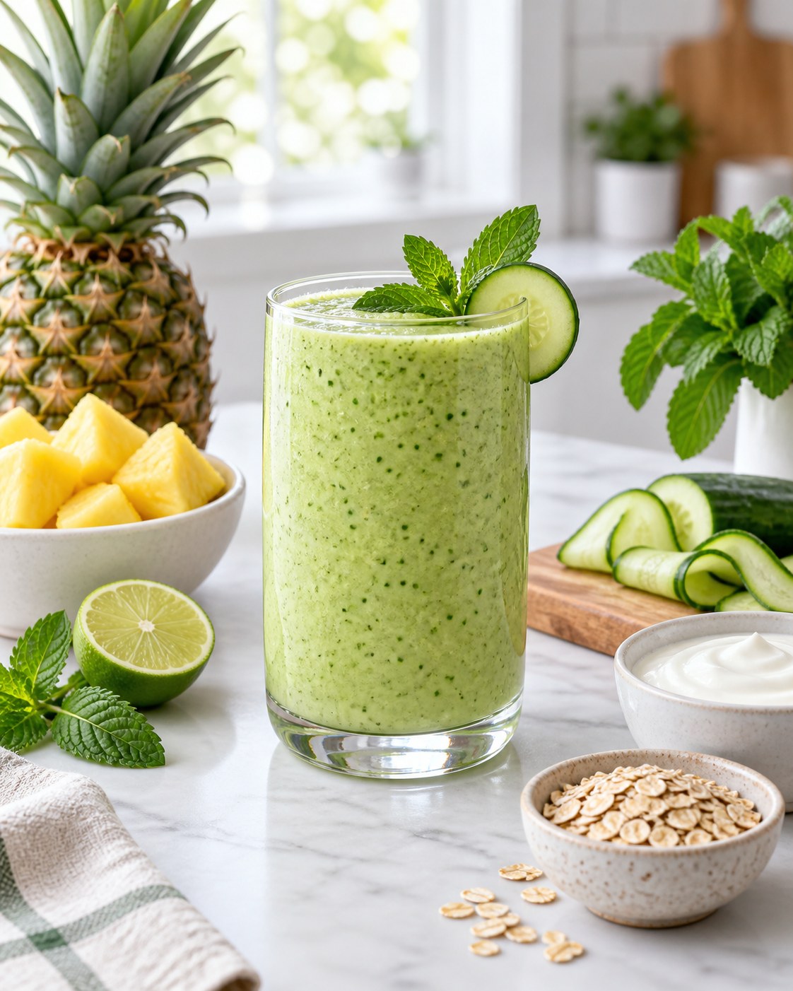 Pineapple cucumber mint smoothie with lime, plain yogurt, oats, pineapple, and cucumber on a bright counter