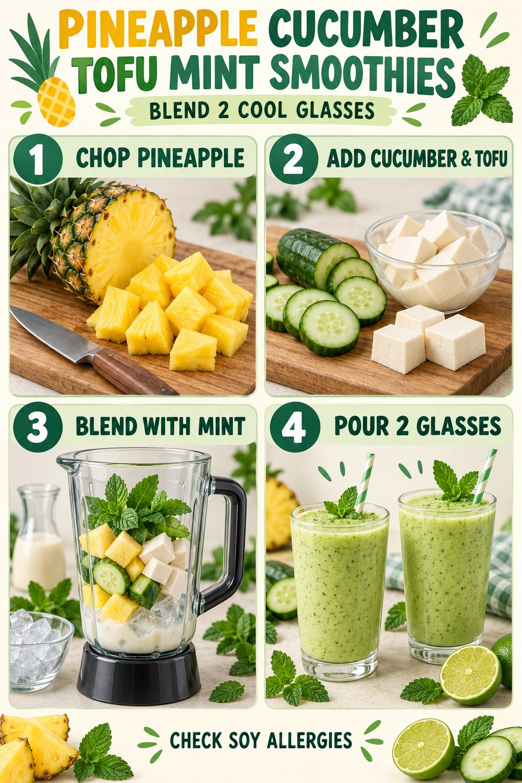 Pineapple cucumber smoothie with silken tofu, mint, lime, water, and blending steps.