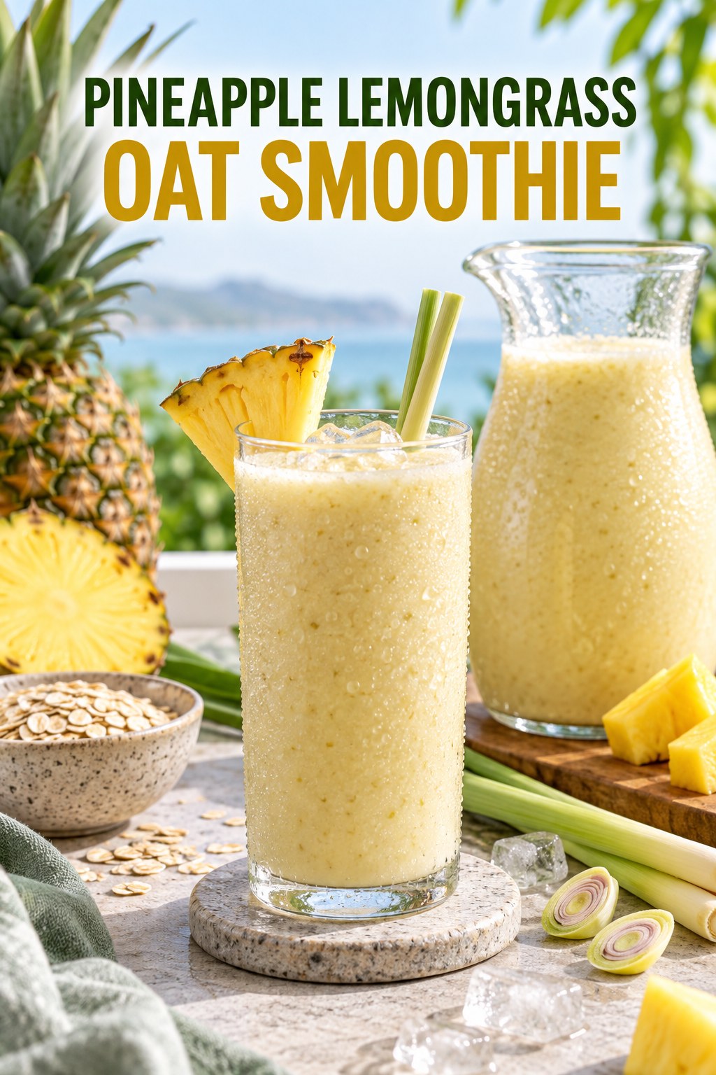 Portrait drink scene with pineapple, fresh lemongrass, ice, and a chilled glass of oat smoothie.