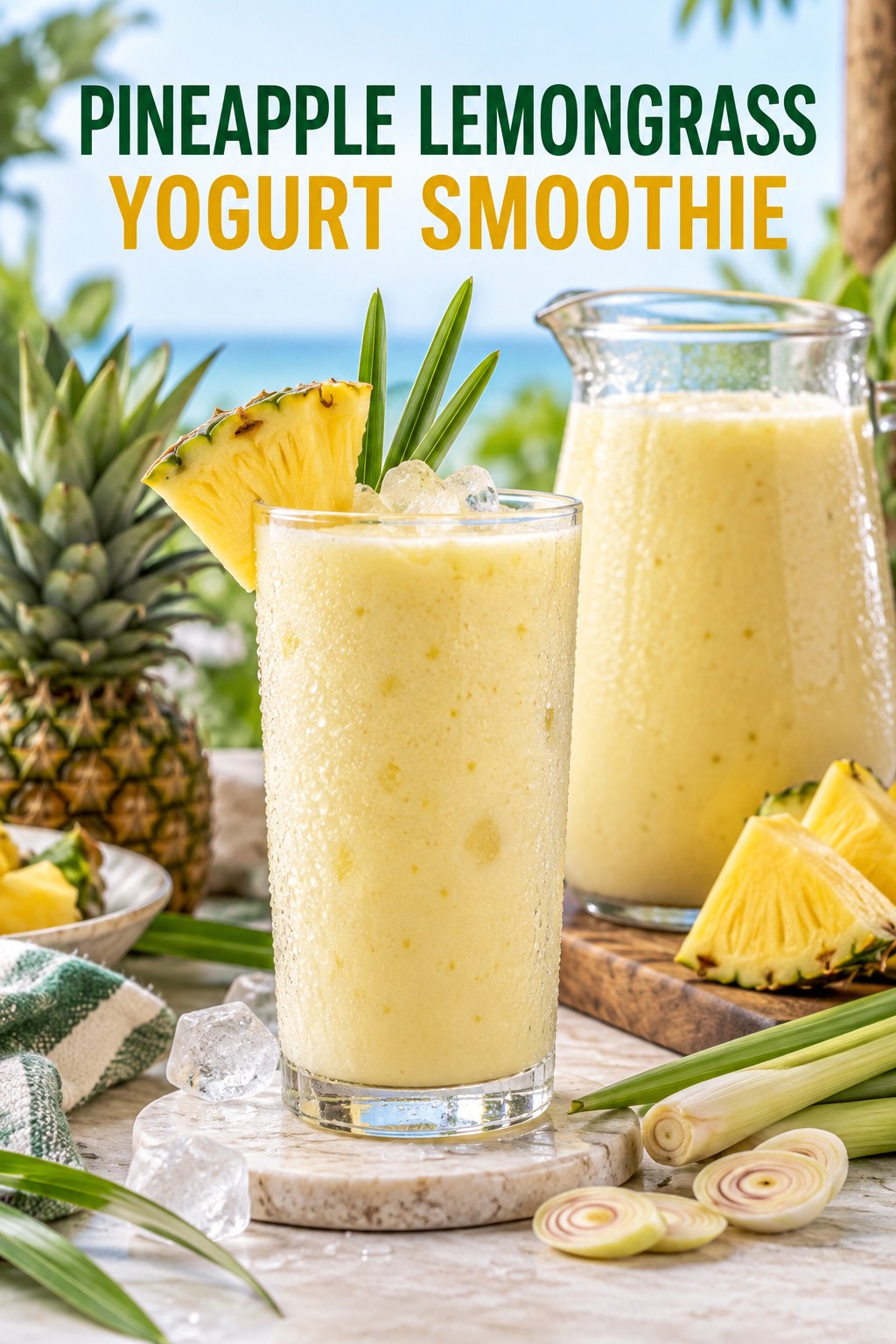Portrait drink scene with pineapple, fresh lemongrass, ice, and a chilled glass of yogurt smoothie.
