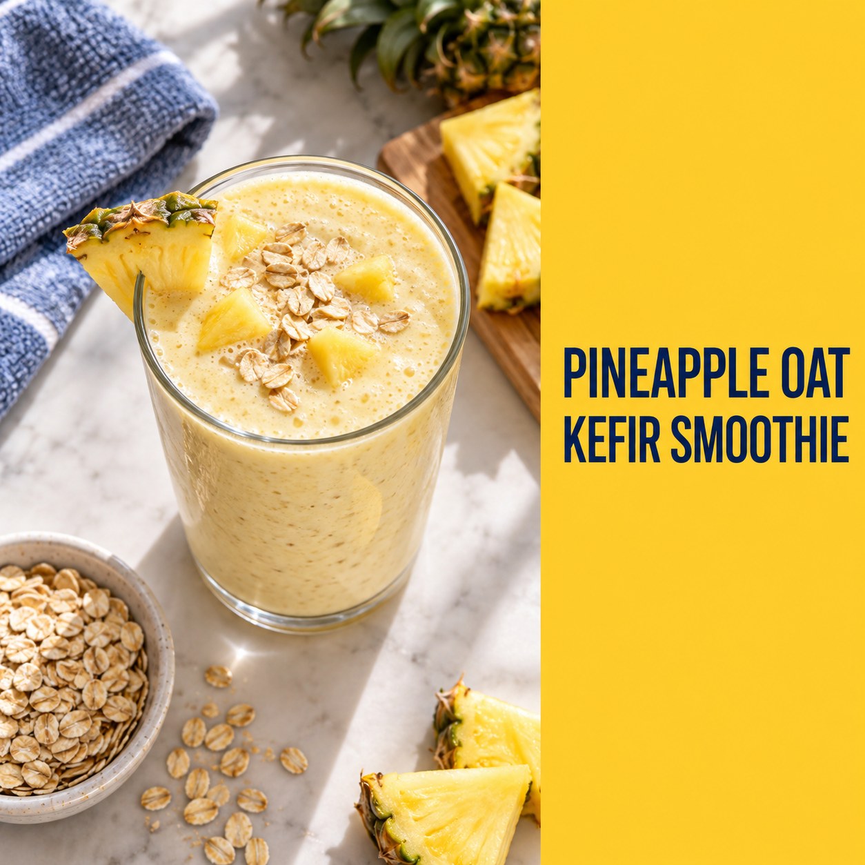 Pale yellow pineapple oat kefir smoothie beside pineapple and oats on a bright home kitchen table with a workout towel in the background.