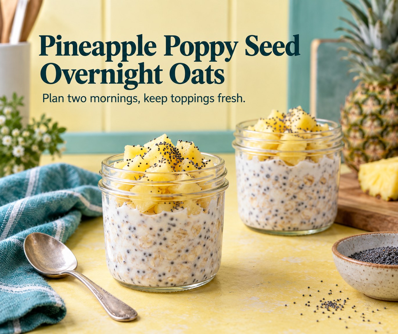 Two jars of overnight oats and yogurt topped with diced pineapple and poppy seeds.