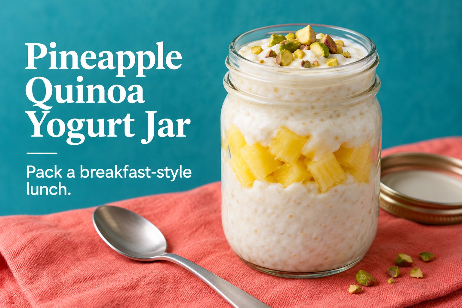 A jar of Greek yogurt, pineapple, quinoa flakes, and pistachios beside the words Pineapple Quinoa Yogurt Jar.