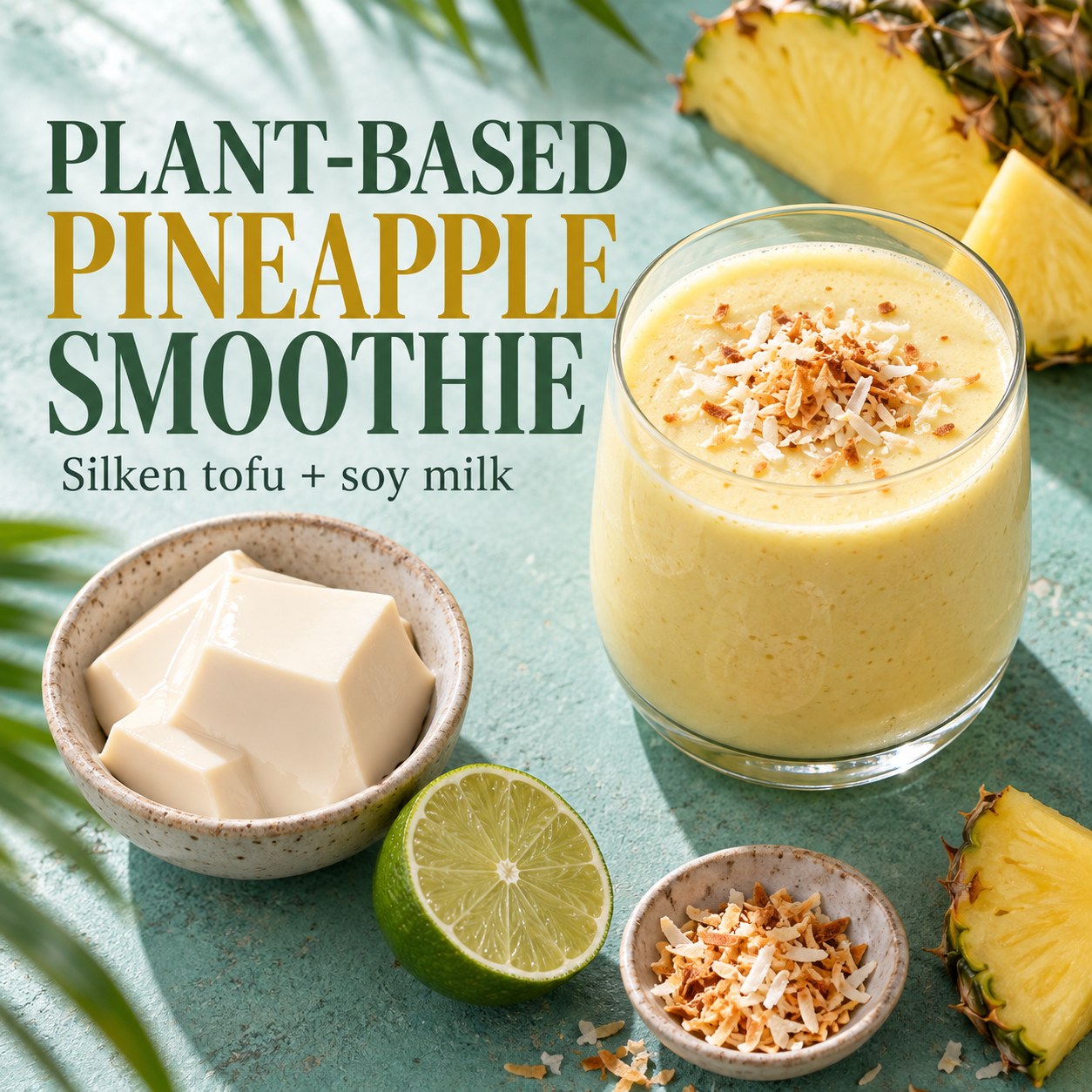 Pale yellow pineapple tofu smoothie topped with toasted coconut beside pineapple and a bowl of silken tofu, with Plant-Based Pineapple Smoothie text.