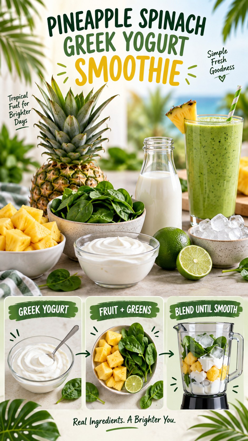 Pineapple spinach Greek yogurt smoothie with fresh fruit, greens, lime, and ice