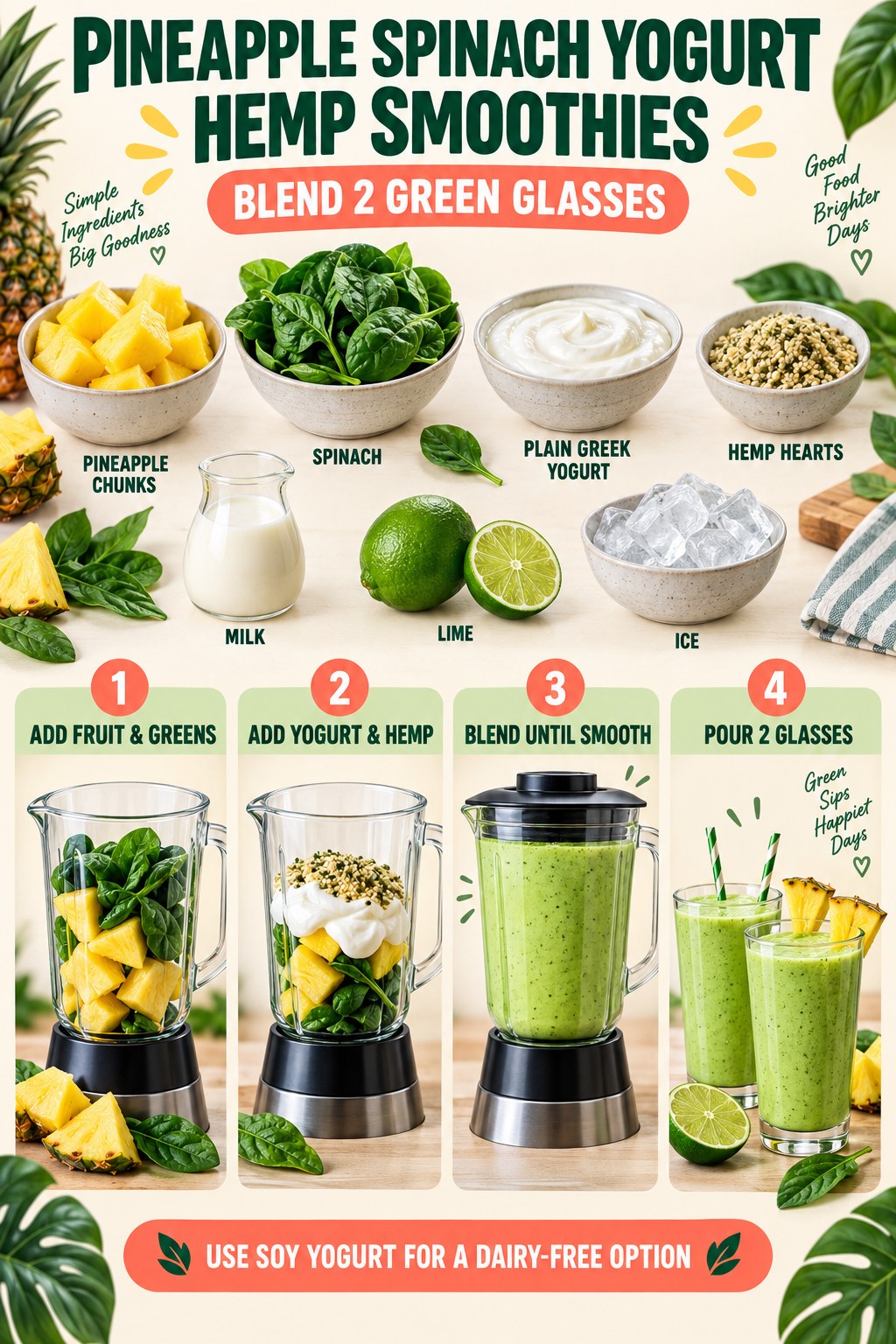 Portrait infographic showing pineapple, spinach, yogurt, oats, hemp hearts, and smoothie blending steps.