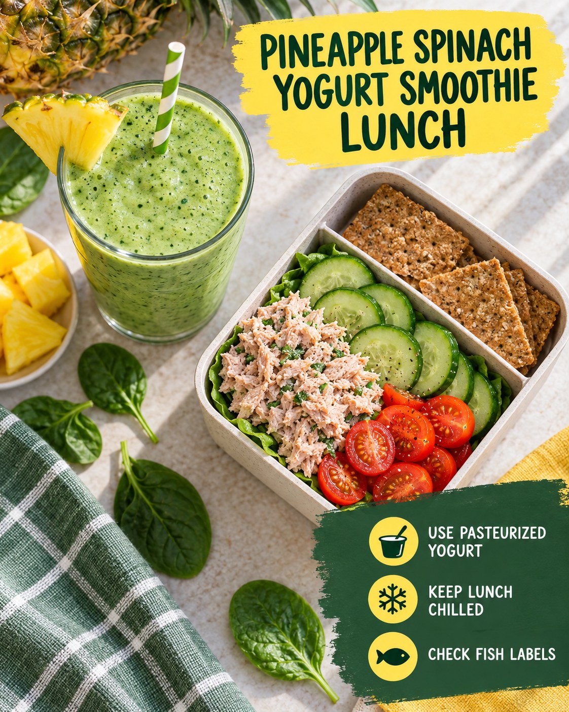 Pineapple spinach yogurt smoothie beside tuna cucumber tomato and whole-grain crackers