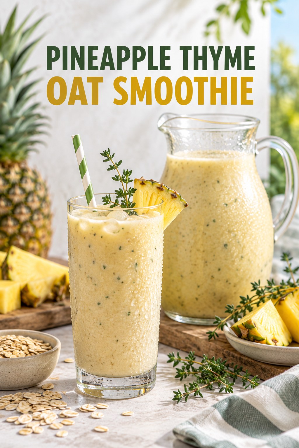 Portrait drink scene with pineapple, fresh thyme, ice, and a chilled glass of oat smoothie.