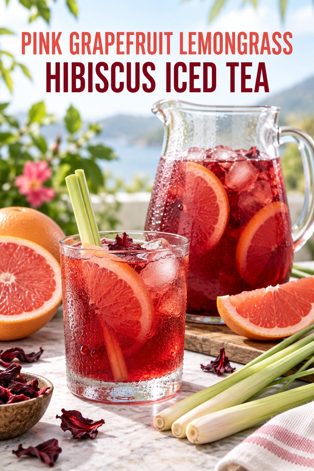 Portrait drink scene with pink grapefruit, fresh lemongrass, ice, and a chilled glass of hibiscus iced tea.