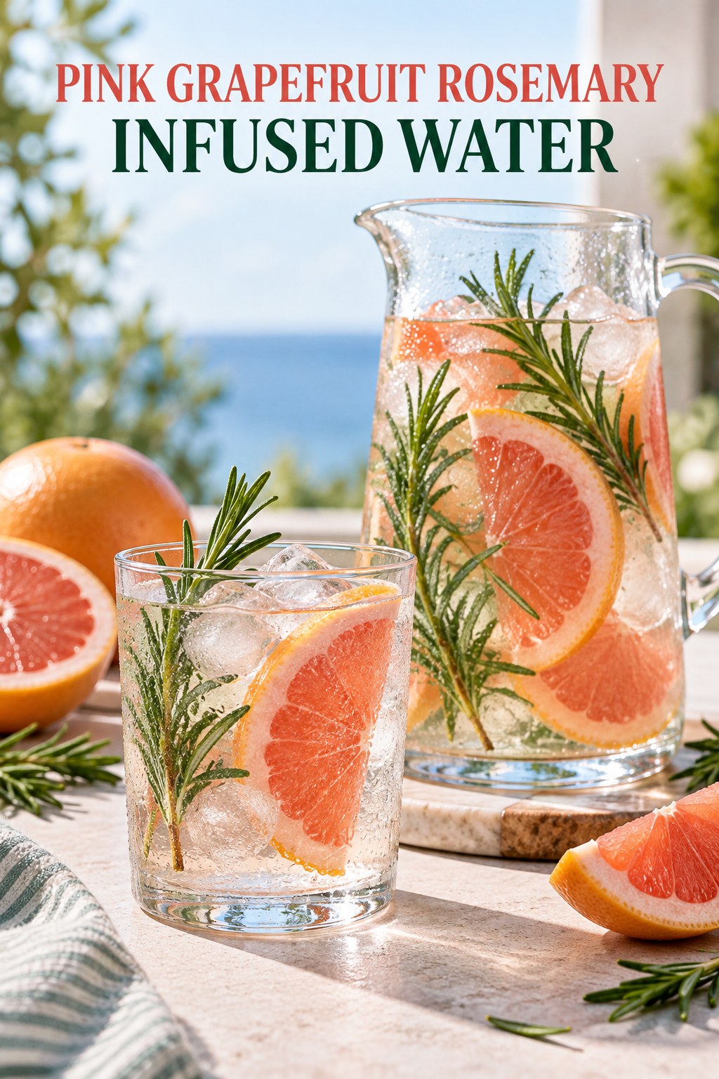 Portrait drink scene with pink grapefruit, fresh rosemary, ice, and a chilled glass of infused water.