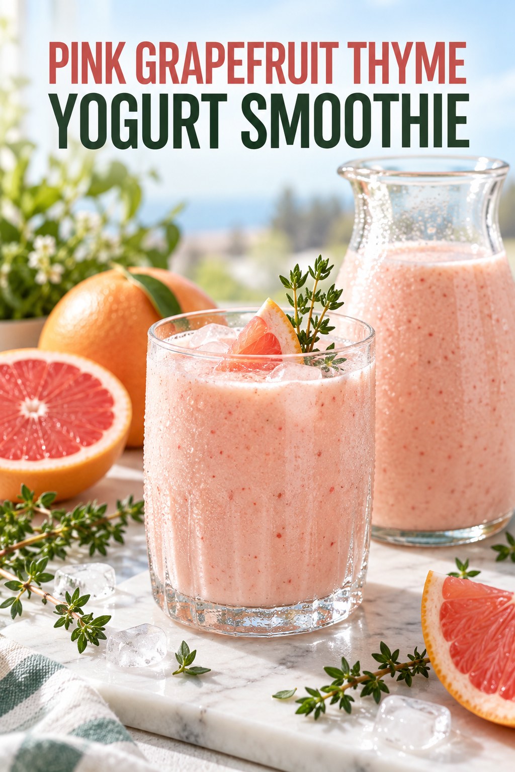 Portrait drink scene with pink grapefruit, fresh thyme, ice, and a chilled glass of yogurt smoothie.