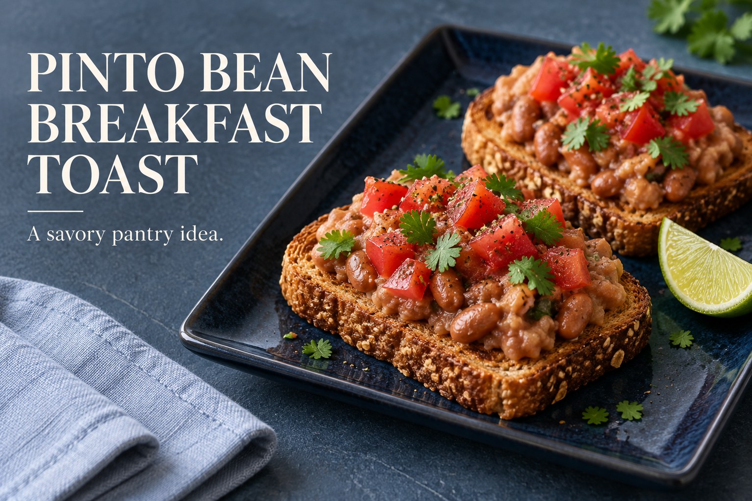 Whole grain toast topped with mashed pinto beans and chopped tomato, with the headline Pinto Bean Breakfast Toast.
