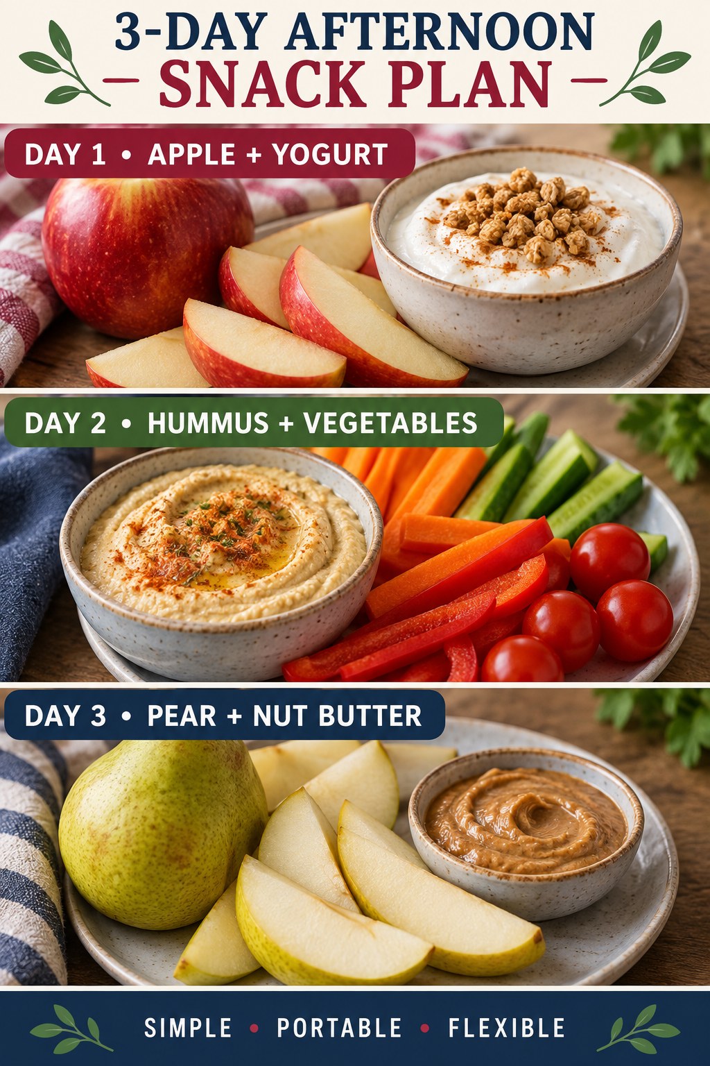 Three-day afternoon snack plan with apple and yogurt, hummus and vegetables, and pear with nut butter.