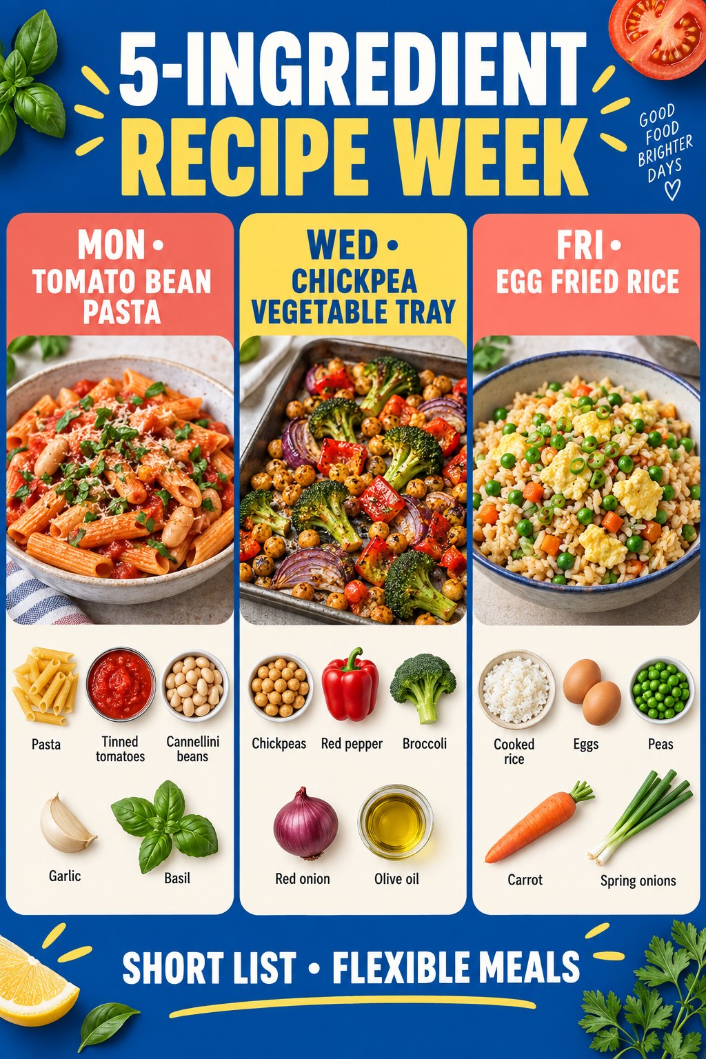 Blue and yellow recipe-week infographic with tomato bean pasta, chickpea vegetable tray, and egg fried rice ingredient cards.