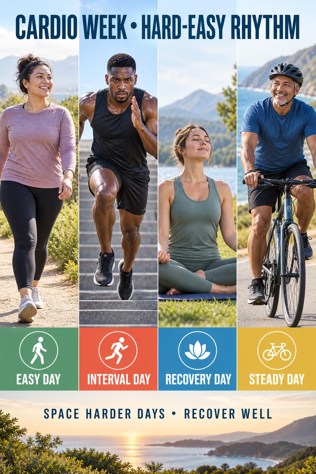 Portrait exercise infographic showing easy, interval, recovery, and steady days.