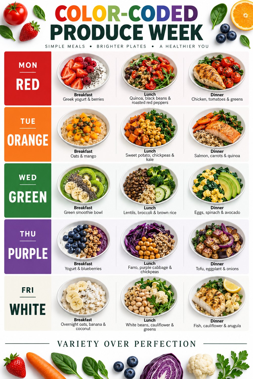 Color-coded weekday meal plan infographic with red, orange, green, purple, and white produce-themed meals.