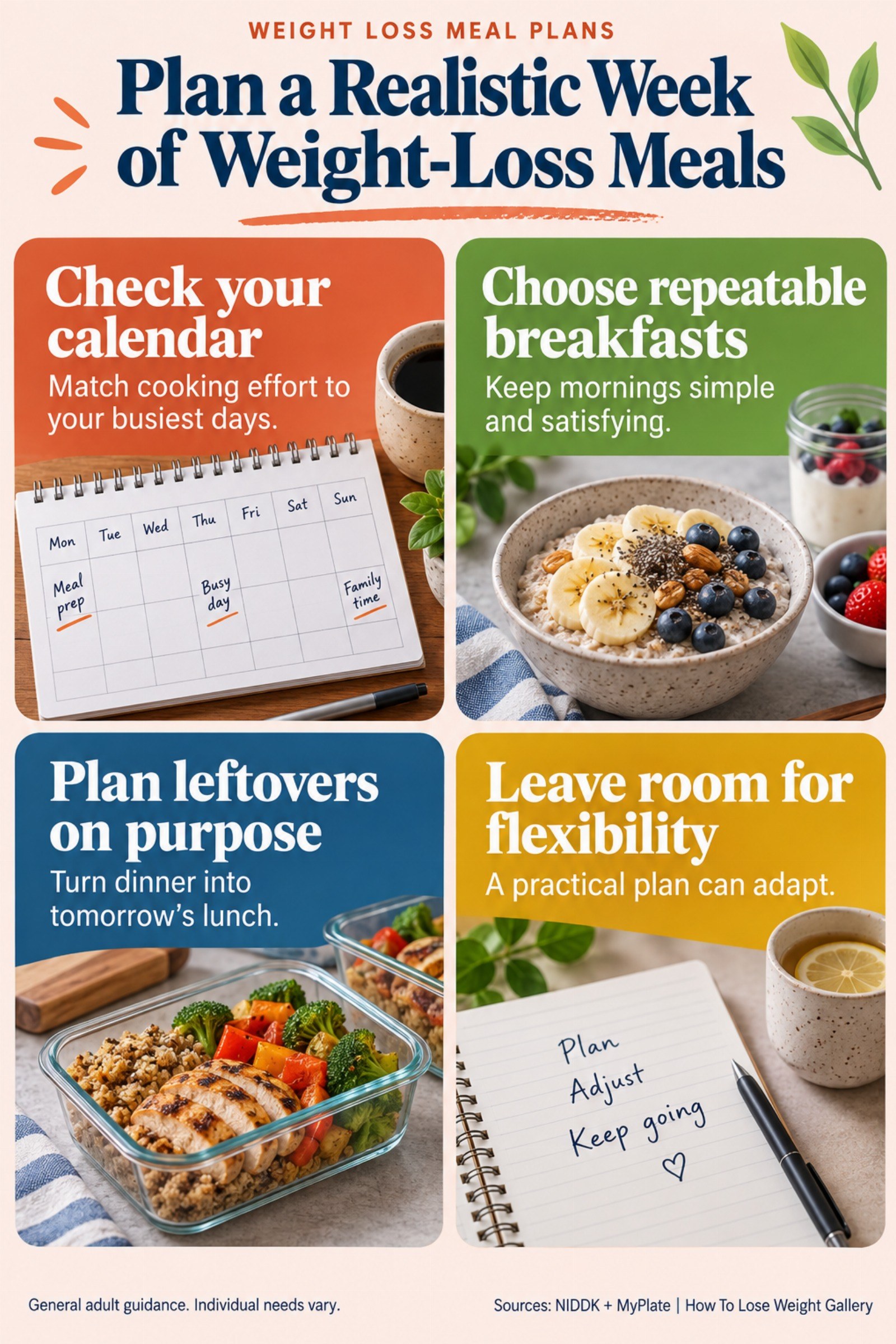 Colorful infographic titled Plan a Realistic Week of Weight-Loss Meals with four illustrated tips for Weight Loss Meal Plans.