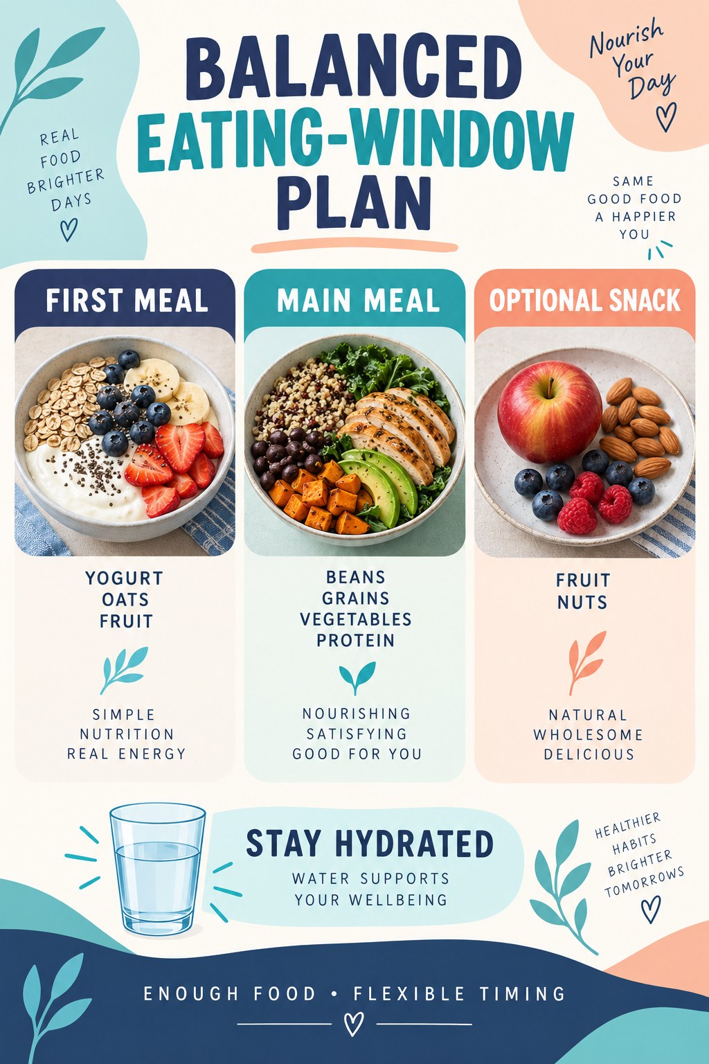 Indigo and turquoise eating-window meal plan with a first meal, balanced main meal, optional fruit-and-nut snack, and water.