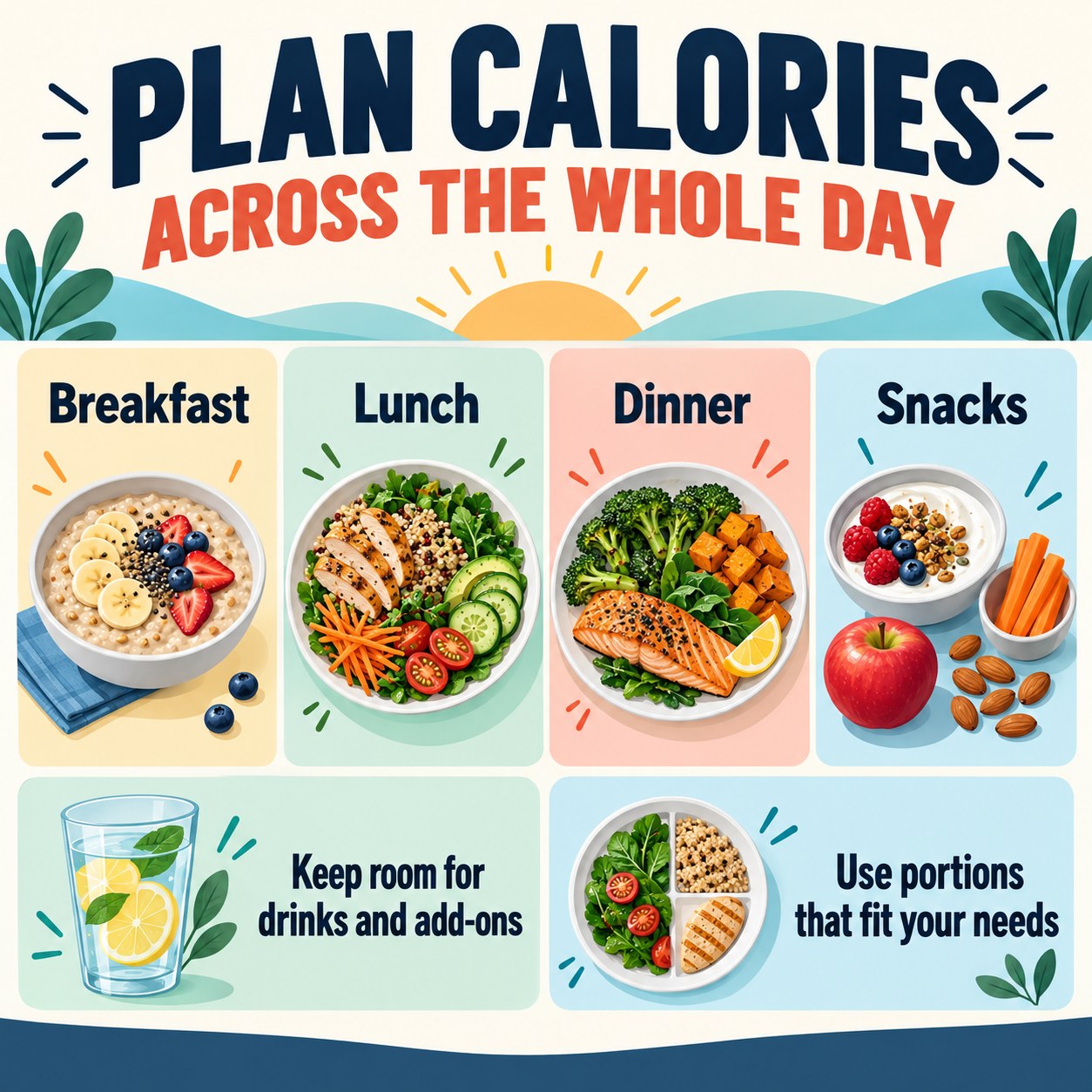 Infographic organizing calorie awareness across breakfast, lunch, dinner, snacks, drinks, and meal add-ons