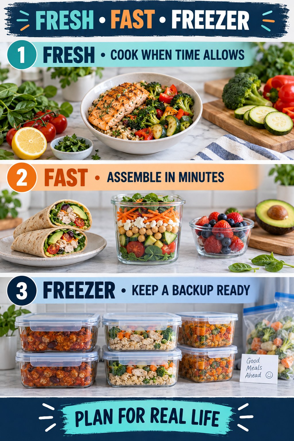 Flexible meal plan divided into fresh cooking, fast assembly, and freezer backup sections.