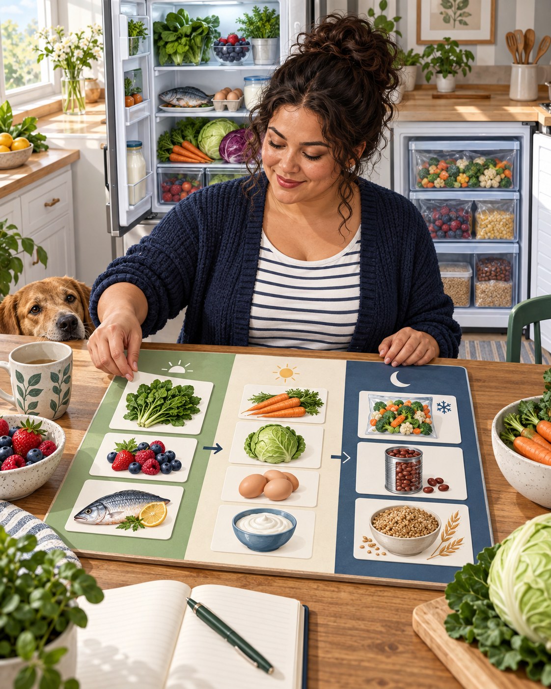 Woman sorting leafy greens, berries, fish, sturdy produce, eggs, yogurt, frozen vegetables, beans, and grains across a meal plan