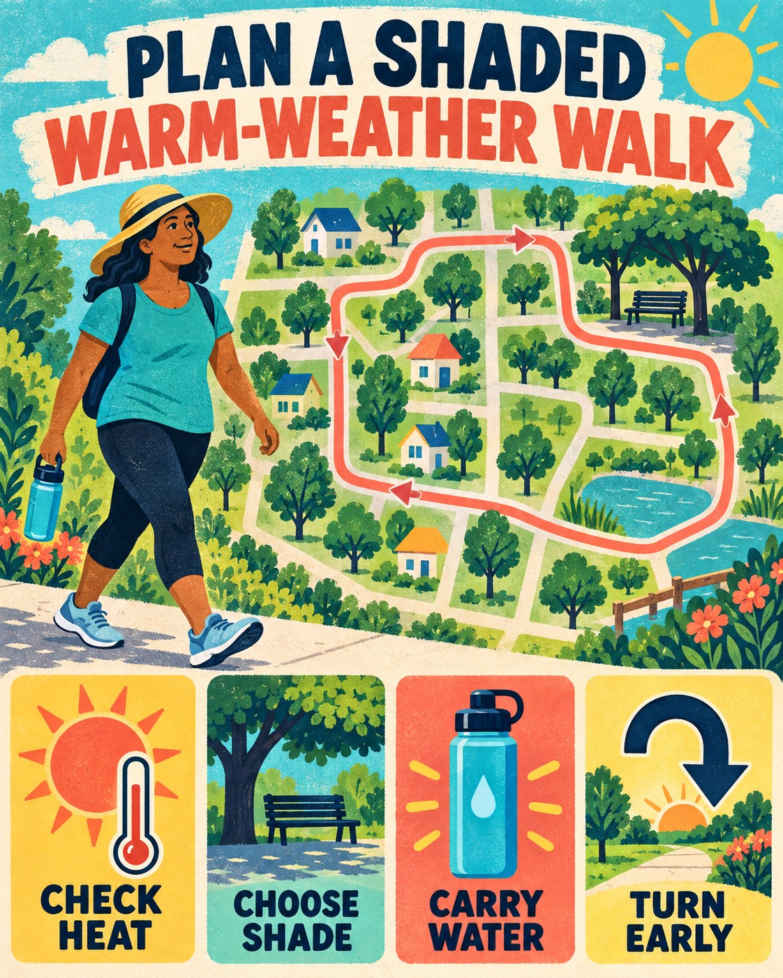 Turquoise, coral, and yellow route-map infographic showing four cues for a shaded warm-weather walk.