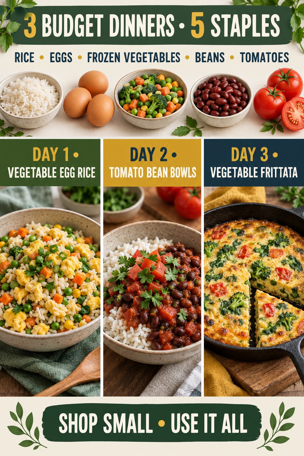 Three budget dinners using rice, eggs, frozen vegetables, beans, and tomatoes.
