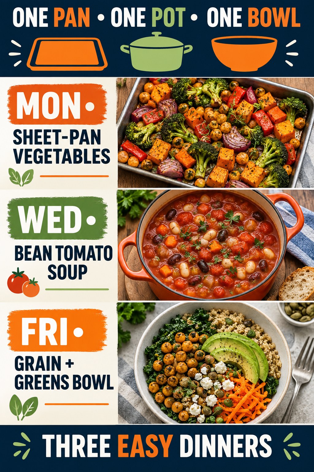 Meal plan with sheet-pan vegetables, bean tomato soup, and a grain-and-greens bowl.