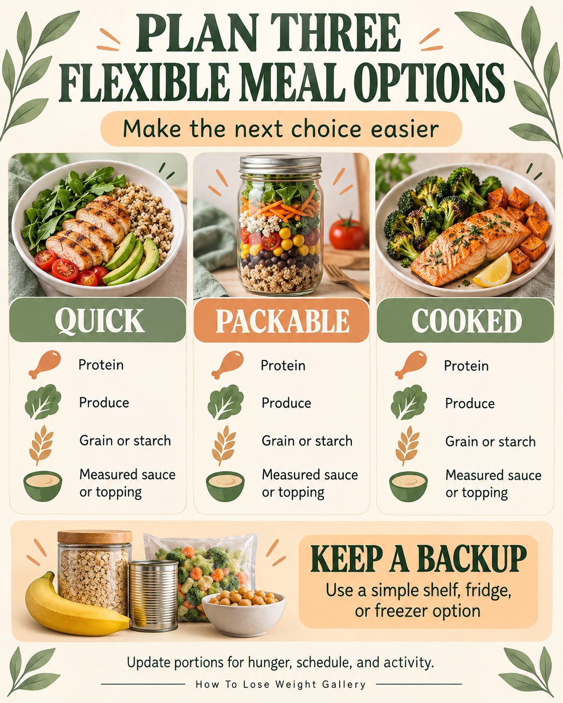 Meal-planning infographic with quick, packable, and cooked options plus a shelf, fridge, or freezer backup meal