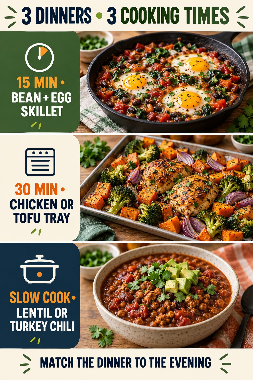 Three high-protein dinners organized by 15-minute, 30-minute, and slow-cook preparation times.