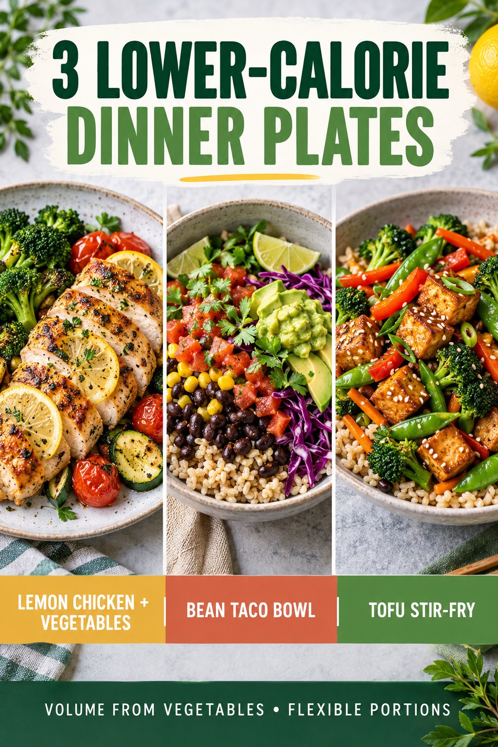 Three lower-calorie dinner plates with lemon chicken, bean taco bowl, and tofu vegetable stir-fry.
