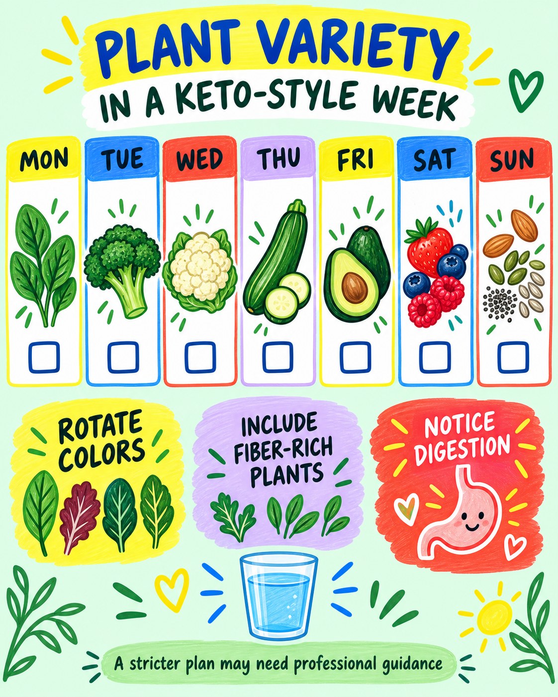 Mint, yellow, cobalt, red, and lilac planner showing seven fiber-rich plant food choices and a water glass.