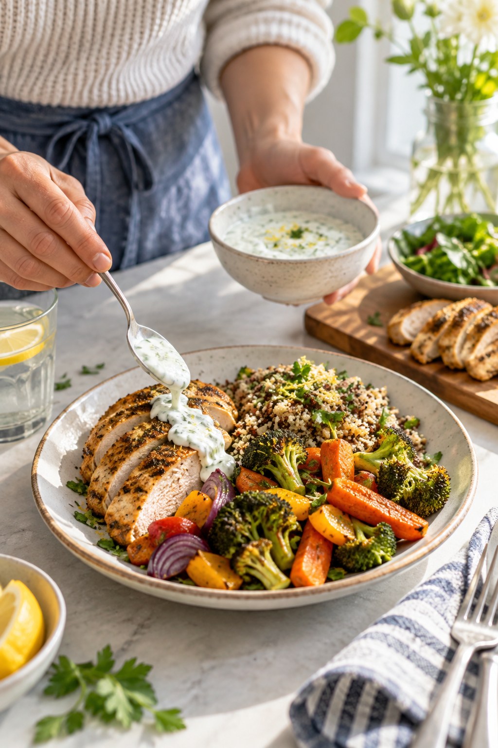 Adult spooning lemon yogurt sauce over baked chicken, roasted vegetables, and quinoa on a dinner plate.
