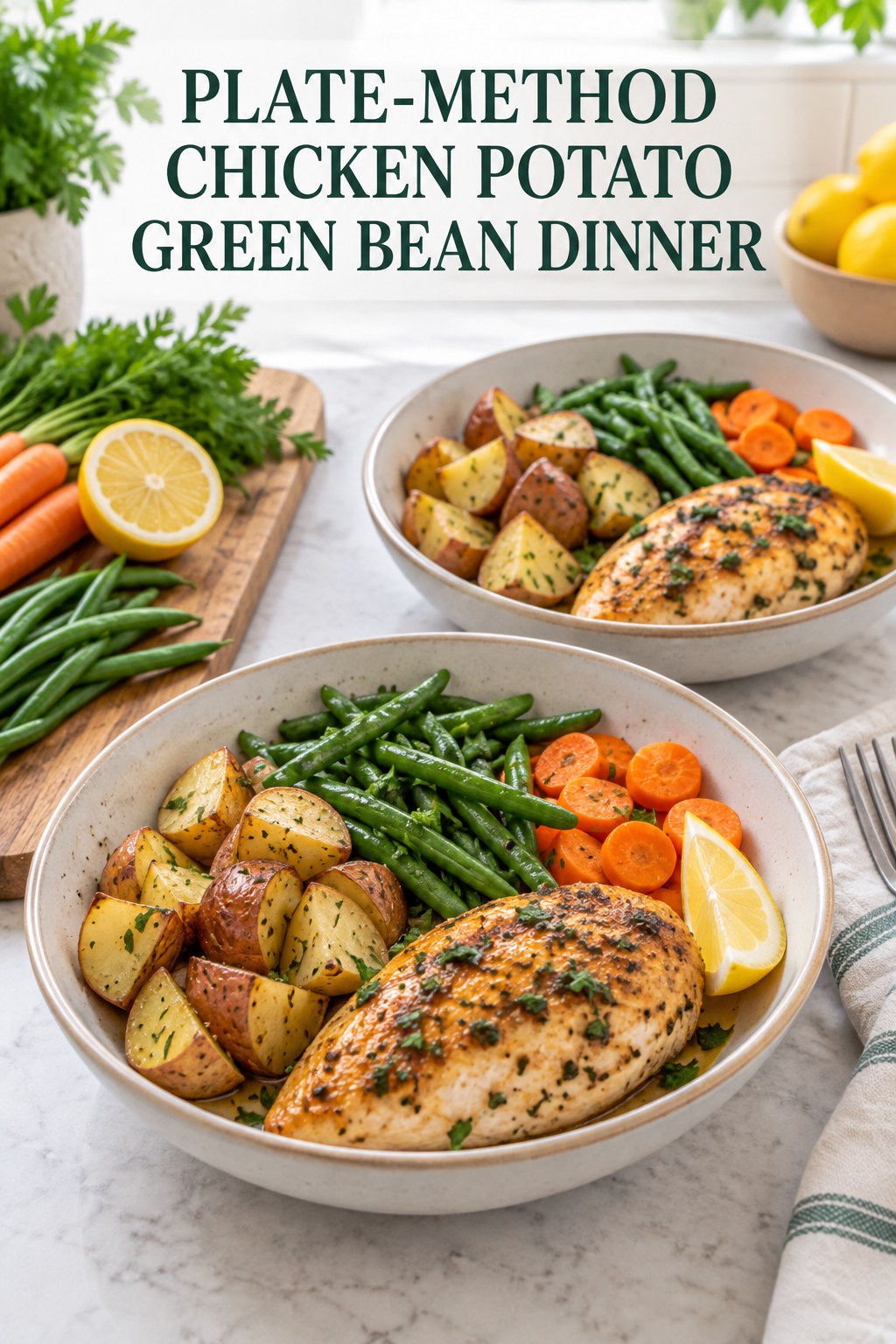 Two servings of plate-method chicken potato green bean dinner made with chicken, potato, and vegetables.