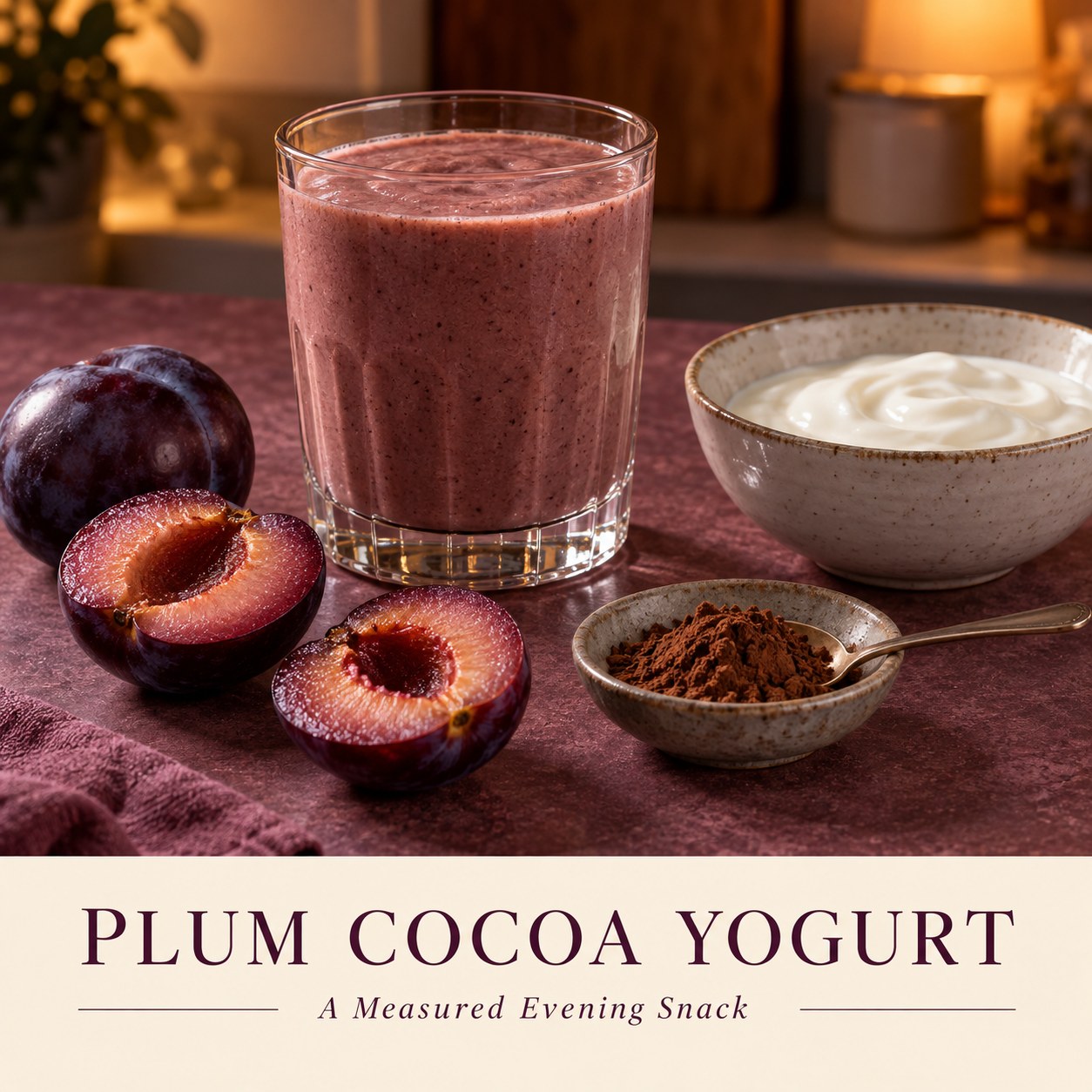 Muted cocoa plum smoothie in a short glass beside plums and cocoa, with Plum Cocoa Yogurt and A Measured Evening Snack text.