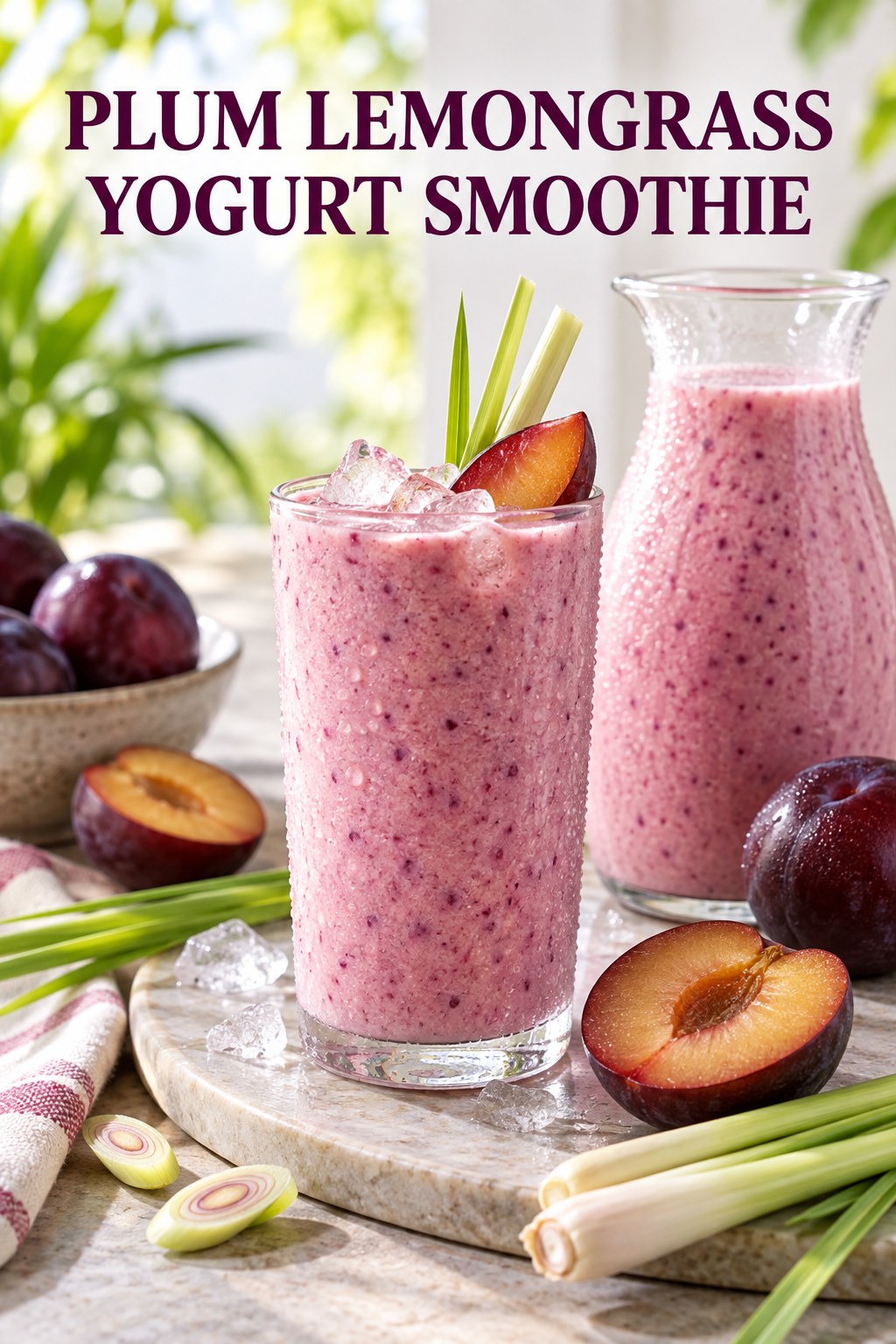 Portrait drink scene with plum, fresh lemongrass, ice, and a chilled glass of yogurt smoothie.