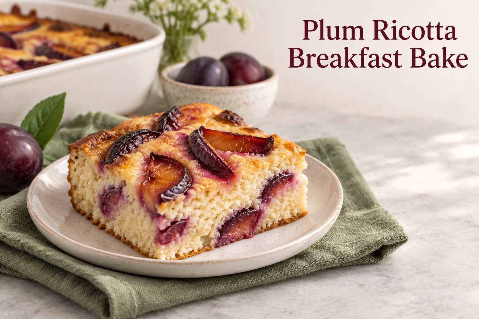 A plum ricotta breakfast bake slice on a white plate beside the words Plum Ricotta Breakfast Bake.
