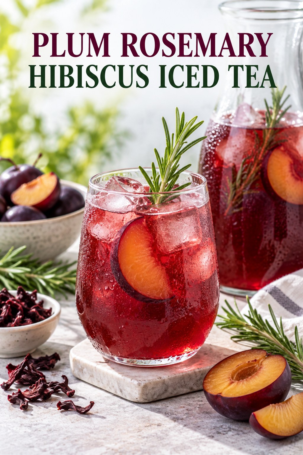 Portrait drink scene with plum, fresh rosemary, ice, and a chilled glass of hibiscus iced tea.