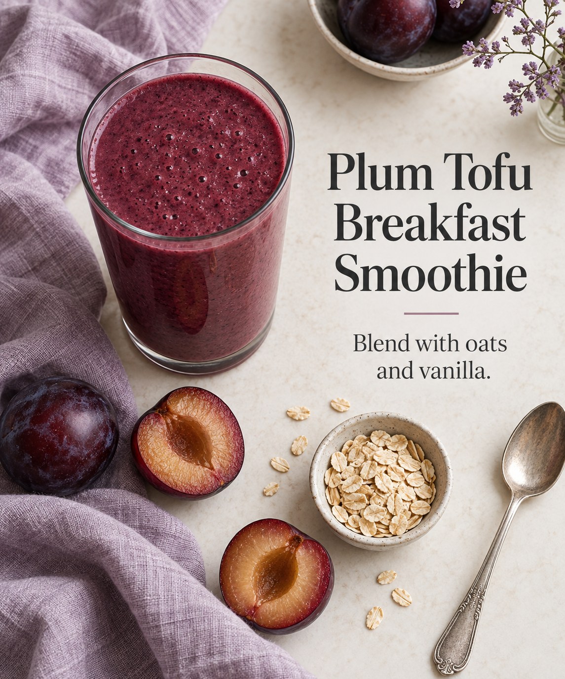 Burgundy plum smoothie in a clear glass beside pitted plums and rolled oats on lavender linen.