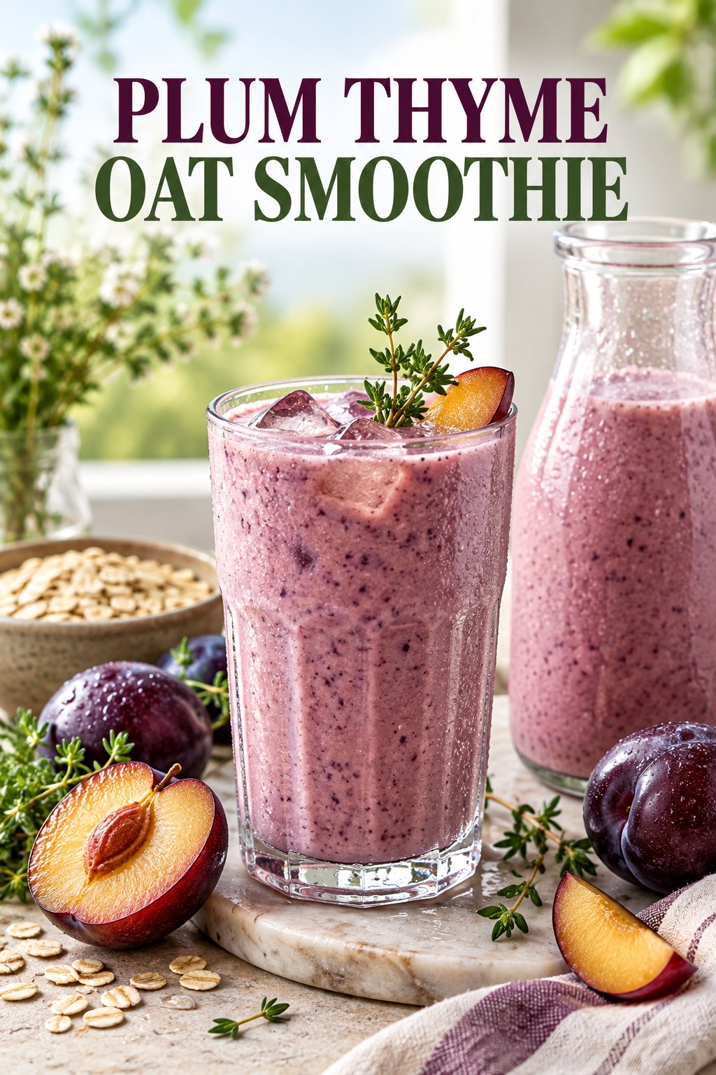 Portrait drink scene with plum, fresh thyme, ice, and a chilled glass of oat smoothie.