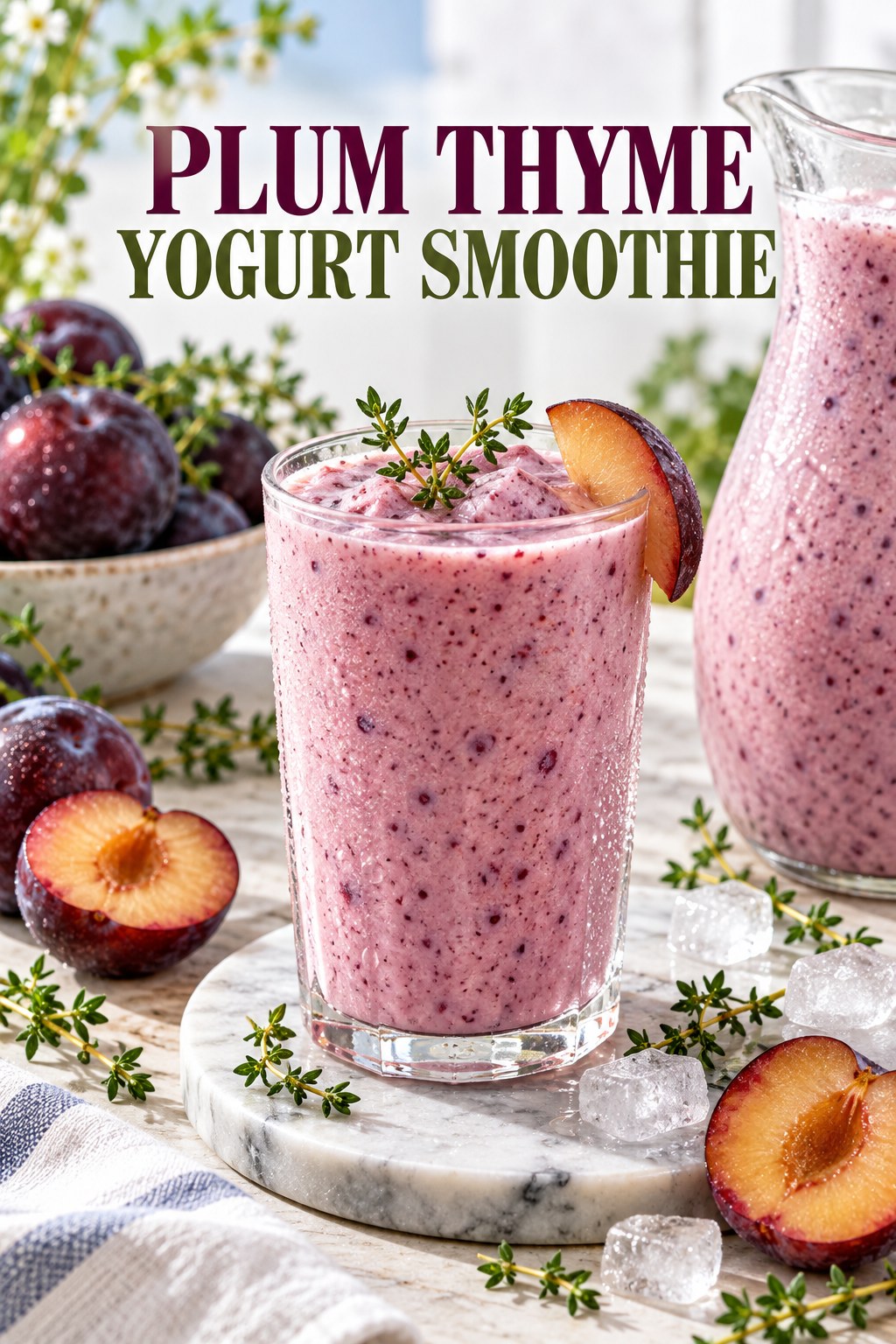 Portrait drink scene with plum, fresh thyme, ice, and a chilled glass of yogurt smoothie.