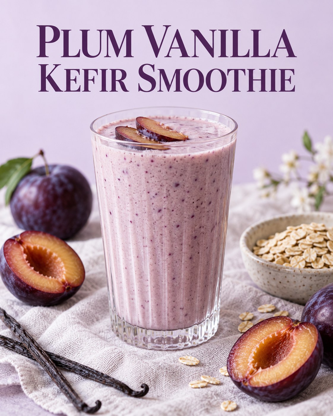 Mauve plum kefir smoothie beside pitted purple plums and rolled oats on a lilac table with readable recipe text.