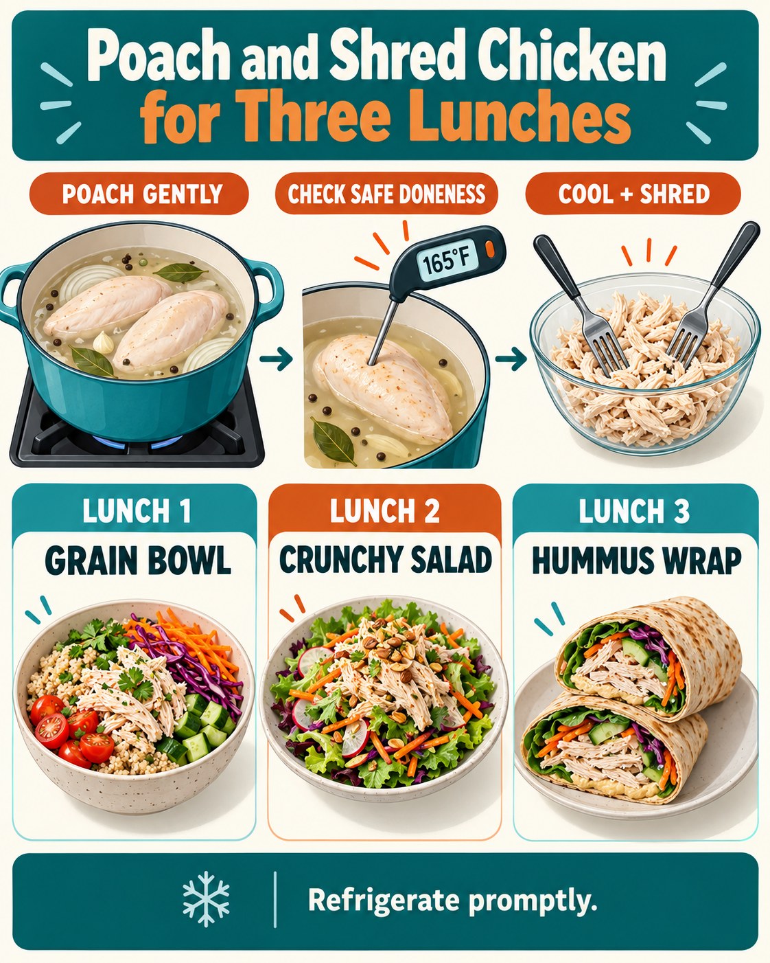 Turquoise, orange, cream, and charcoal infographic showing poached chicken and three lunch ideas.