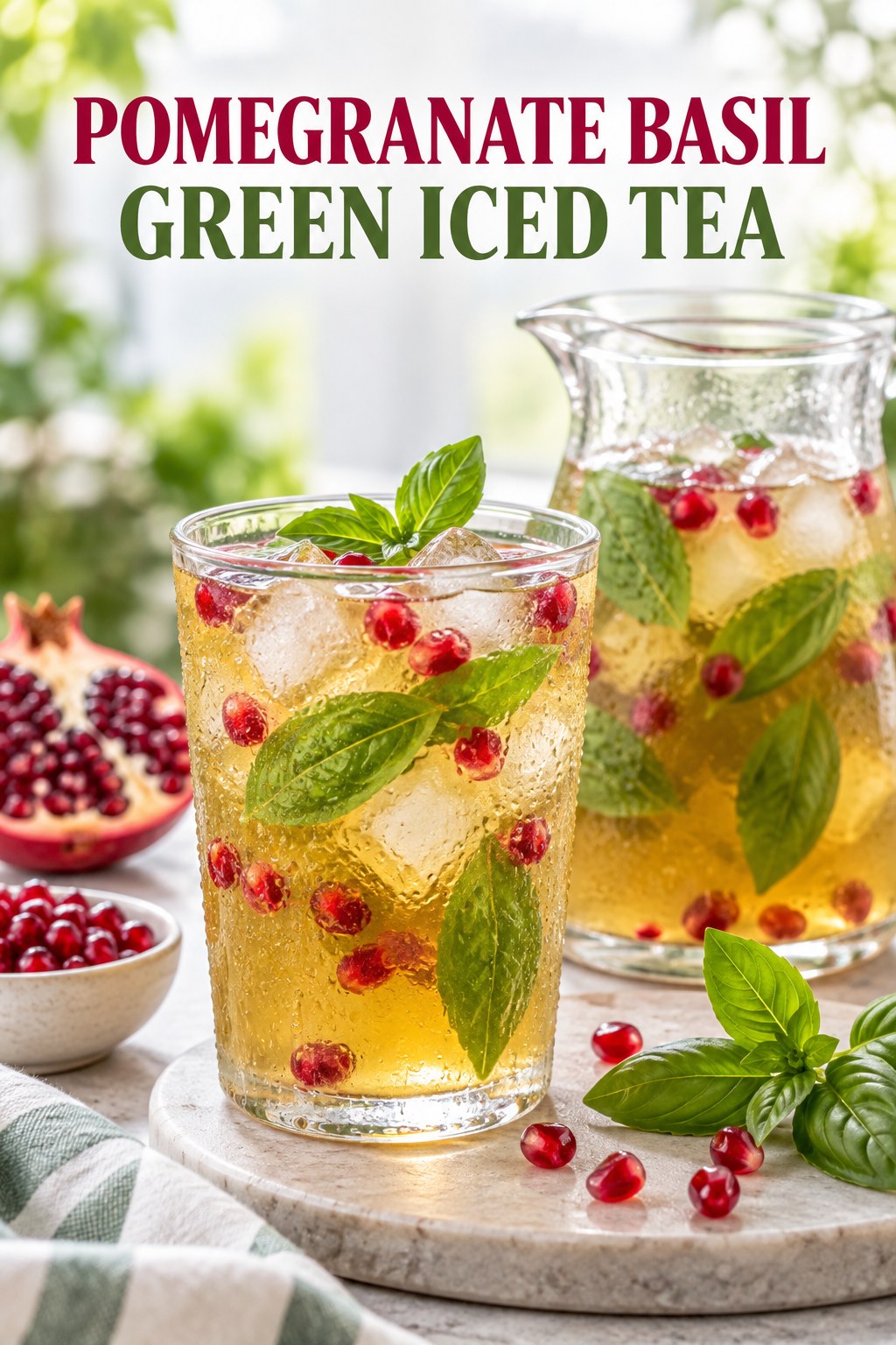 Portrait drink scene with pomegranate, fresh basil, ice, and a chilled glass of green iced tea.