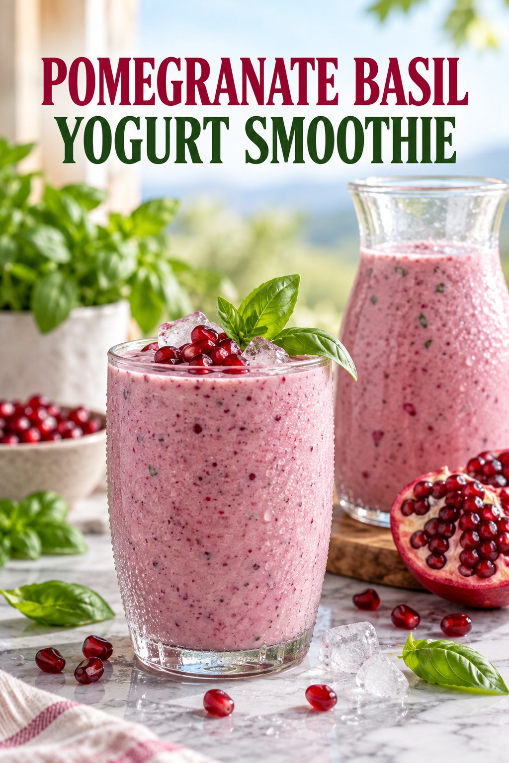 Portrait drink scene with pomegranate, fresh basil, ice, and a chilled glass of yogurt smoothie.