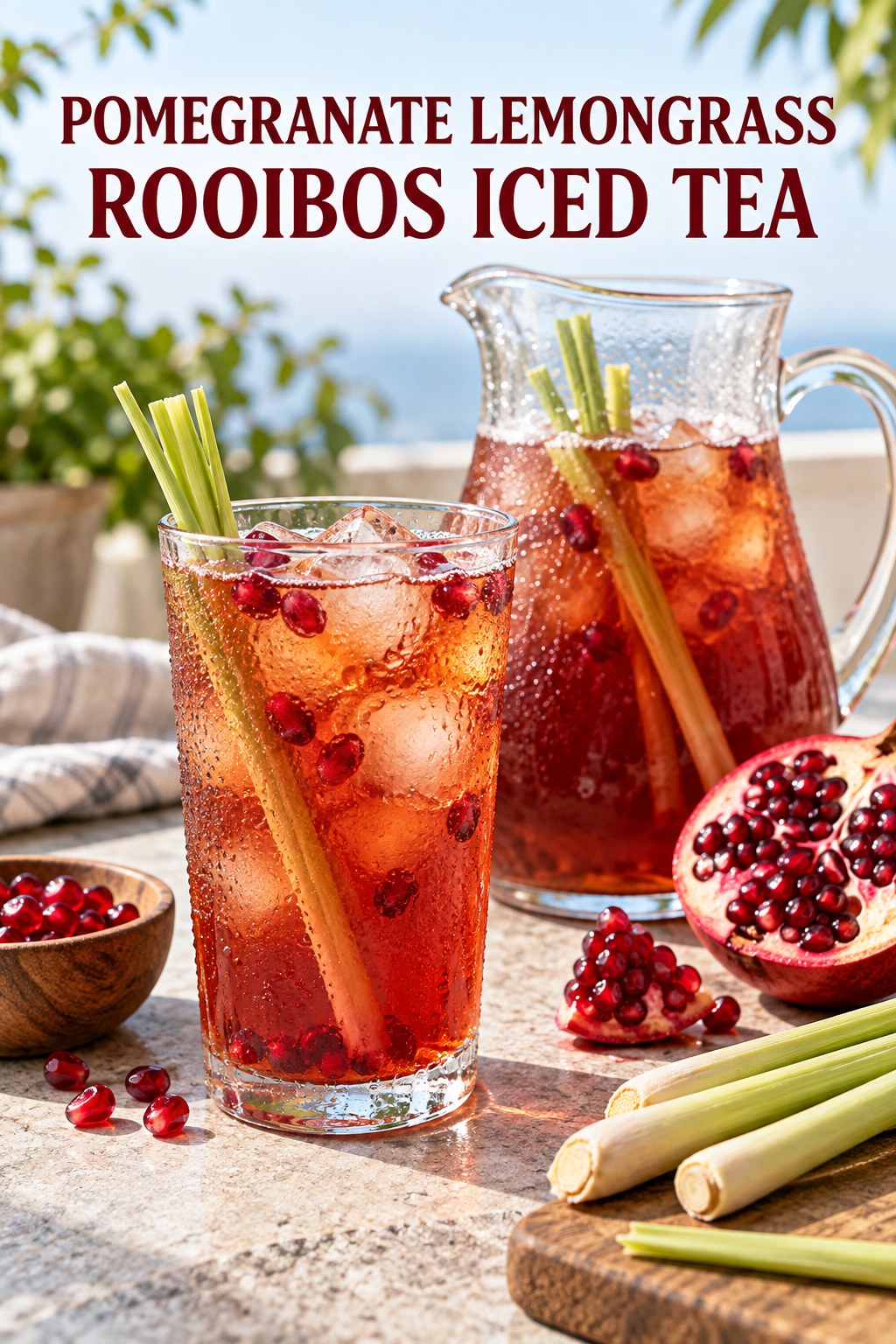 Portrait drink scene with pomegranate, fresh lemongrass, ice, and a chilled glass of rooibos iced tea.
